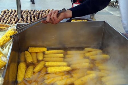 yellow corn boiled in water vaporの写真素材