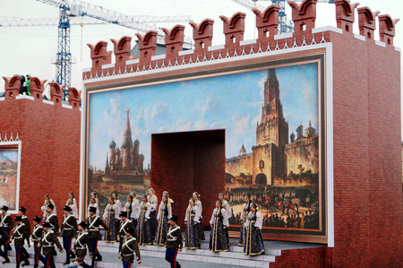 MOSCOW, RUSSIA - SEPTEMBER 5, 2015: During the celebration of the city the capital of Russia, Moscow birthday 868 years. There colorful presentation on Red Square. Topic: Moscow triumphal.のeditorial素材
