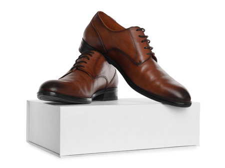 Pair of stylish leather shoes and box on white backgroundの写真素材