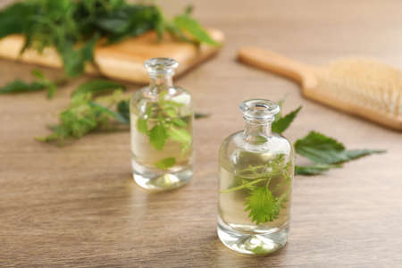 Stinging nettle extract and leaves on wooden background. Natural hair careの写真素材