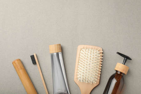 Flat lay composition with eco friendly products on light grey background, space for text. Conscious consumptionの写真素材