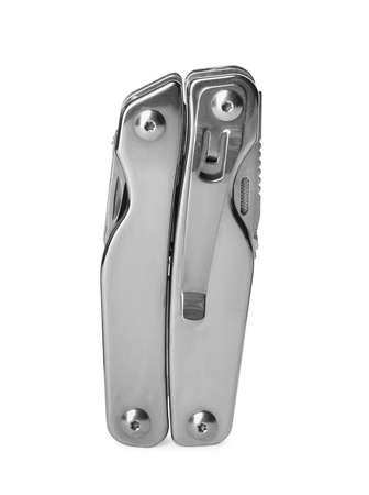 Compact portable metallic multitool isolated on white
