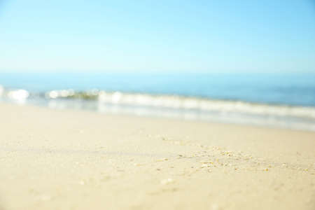 Beautiful sandy beach and sea under blue sky, closeupの写真素材
