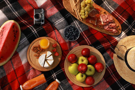 Delicious food, drinks and camera on plaid, flat lay. Summer picnicの写真素材