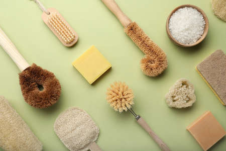 Flat lay composition with eco friendly products on green backgroundの写真素材
