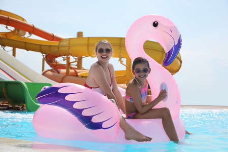 Mother and daughter with inflatable flamingo mattress in swimming pool at water park. Family...
