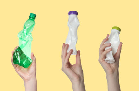 Collage with photos of women holding plastic bottles on yellow background, closeupの写真素材