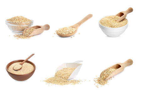 Set with raw quinoa in white backgroundの写真素材