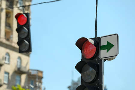 View of traffic light against blue sky, space for textの写真素材