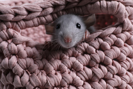 Cute gray rat in pink knitted basket, closeupの写真素材