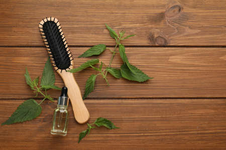 Stinging nettle extract, leaves and brush on wooden background, flat lay with space for text. Natural hair careの写真素材