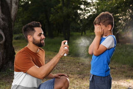 Man applying insect repellent on his son in park. Tick bites preventionの写真素材