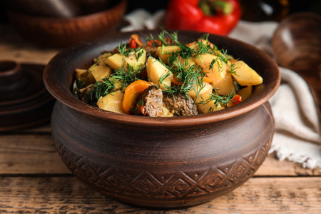 Tasty cooked dish with potatoes in earthenware on wooden tableの写真素材
