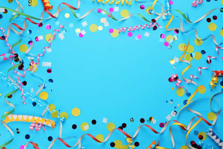 Frame made with carnival items on light blue background, flat lay. Space for textの写真素材