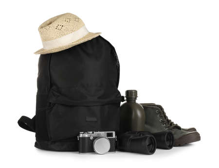 Set of camping equipment for tourist on white backgroundの写真素材