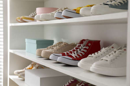 White shelving unit with collection of colorful sneakers indoorsの写真素材
