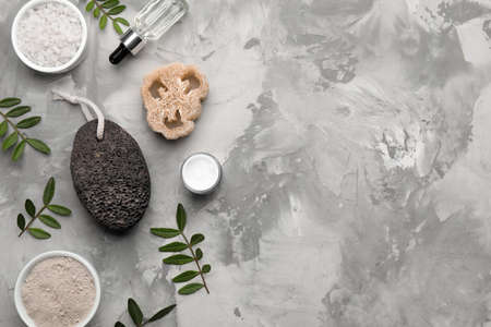 Flat lay composition with pumice stone on gray background. Space for textの写真素材