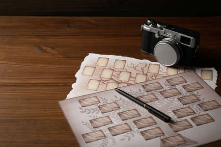 Papers with family tree templates, vintage camera and pen on wooden table. Space for textの写真素材
