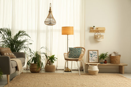 Light living room with boho decor. Interior designの写真素材