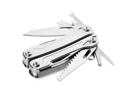 Compact portable metallic multitool isolated on white