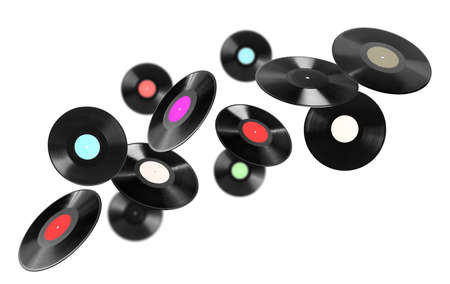Black vintage vinyl records flying on white backgroundの写真素材