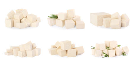 Set with tasty raw tofu on white background. Banner designの写真素材
