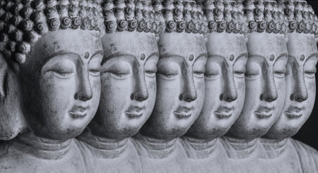 Row of stone Buddha sculptures, banner design. World religion