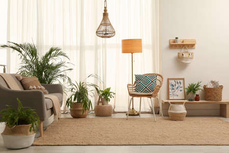 Light living room with boho decor. Interior designの写真素材