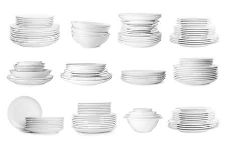 Set with different clean dishware on white backgroundの写真素材