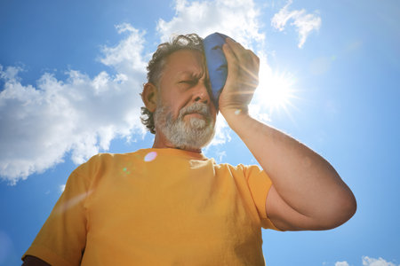 Senior man with cold pack suffering from heat stroke outdoors, low angle view