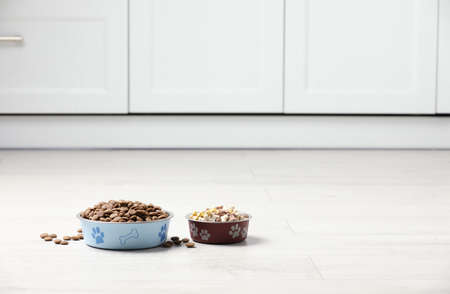 Bowls with dry dog food on white floor indoors, space for textの写真素材