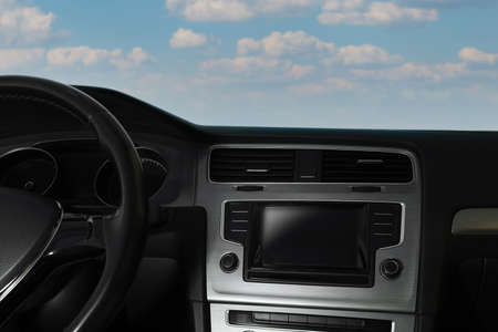 View of dashboard with navigation system in modern car