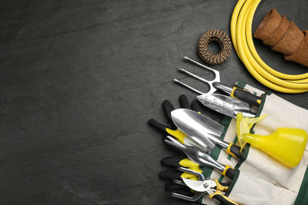 Flat lay composition with gardening tools on black background, space for textの写真素材