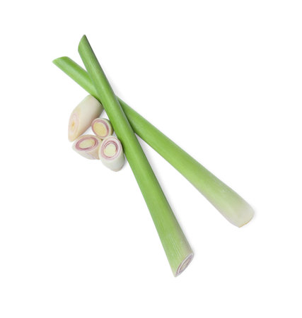 Whole and cut fresh lemongrass on white background, top viewの写真素材