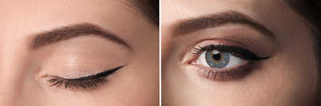 Collage with photos of woman with black eyeliner, closeup view of closed and open eyes. Banner designの写真素材