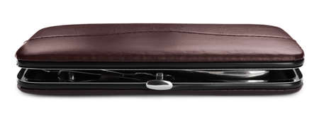 Stylish case with manicure set isolated on white