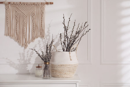 Pussy willow tree branches on white table indoorsの写真素材