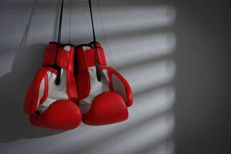 Pair of red boxing gloves hanging on light wall, space for textの写真素材
