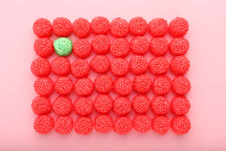 Delicious green gummy raspberry candy among red ones on pink background, flat layの写真素材