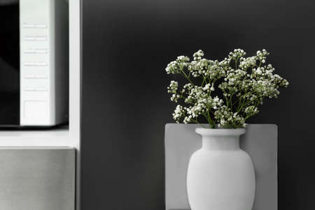Silicone vase with beautiful gypsophila flowers on fridge in kitchen, space for textの写真素材