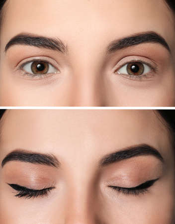 Collage with photos of woman before and after applying eyeliner, closeup viewの写真素材