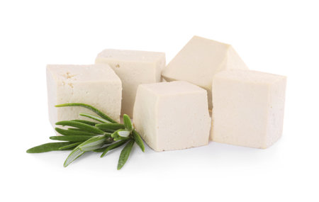 Delicious tofu and rosemary on white backgroundの写真素材