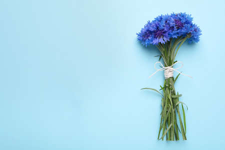 Bouquet of beautiful cornflowers on turquoise background, top view. Space for textの写真素材