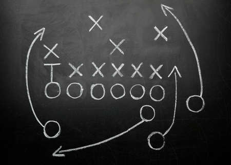 Football game strategy drawn on black chalkboardの写真素材