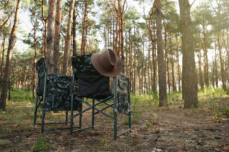 Camouflage chairs with hat in forest on sunny dayの写真素材
