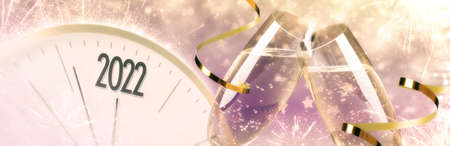 Glasses of sparkling wine, clock, shiny streamers and firework on color background, banner design....