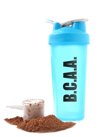 Shaker with abbreviation BCAA (Branched-chain amino acids) and powder on white background