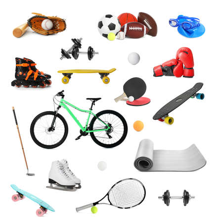 Set with different sports equipment on white background. Active lifestyleの写真素材