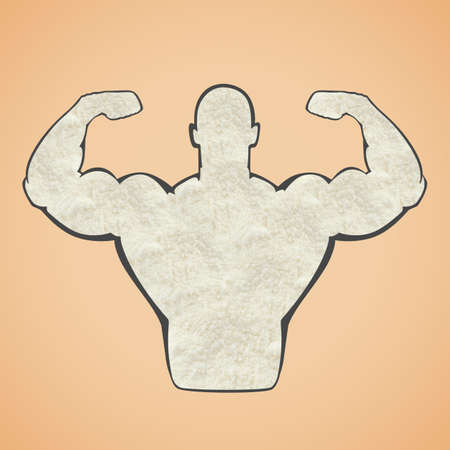 Muscular man showing biceps on beige background. Silhouette of sportsman made with amino acids powderの写真素材