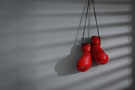 Pair of red boxing gloves hanging on light wall, space for textの写真素材